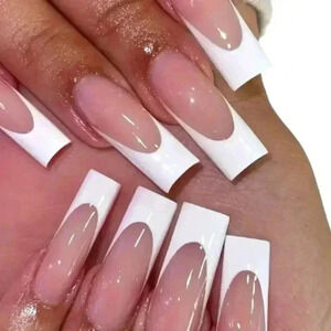 Women's Girls White French Tip Long Nude Nails 24 pcs